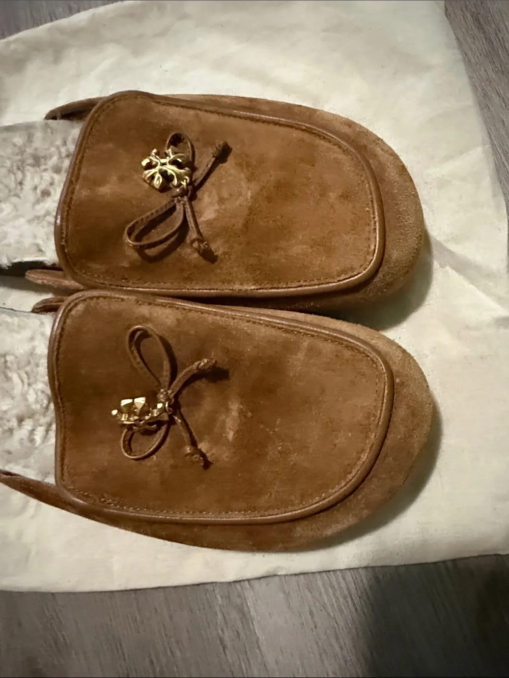 Tory Burch Chestnut Brown Suede Shearling-Lined Mules